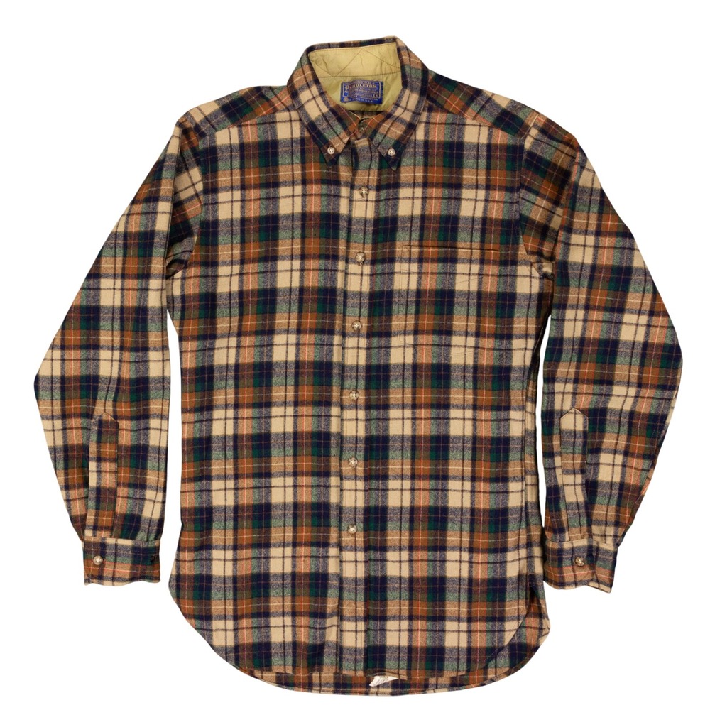 Vintage Pendleton 70s Shirt Plaid Flannel Mens S Tan Blue Plaid Wool USA Made